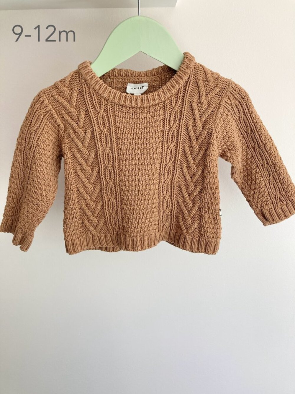 Oeuf 9-12 Months Baby Tan Beige Brown Cable Knit Cotton Sweater Fall Winter